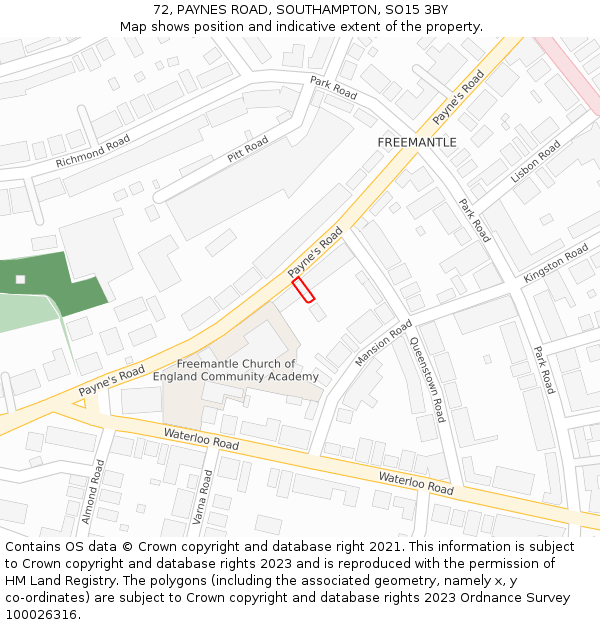 72, PAYNES ROAD, SOUTHAMPTON, SO15 3BY: Location map and indicative extent of plot