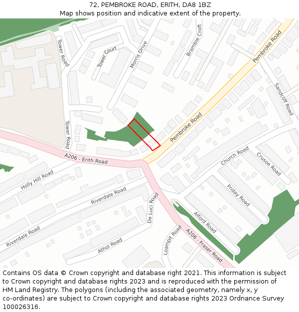 72, PEMBROKE ROAD, ERITH, DA8 1BZ: Location map and indicative extent of plot