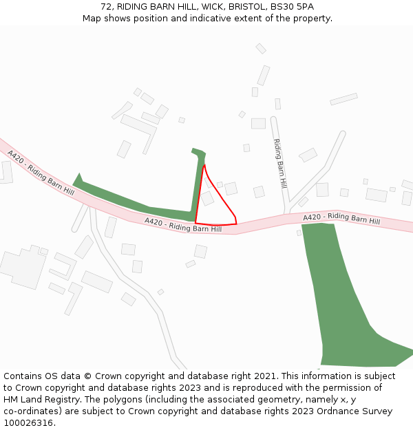 72, RIDING BARN HILL, WICK, BRISTOL, BS30 5PA: Location map and indicative extent of plot