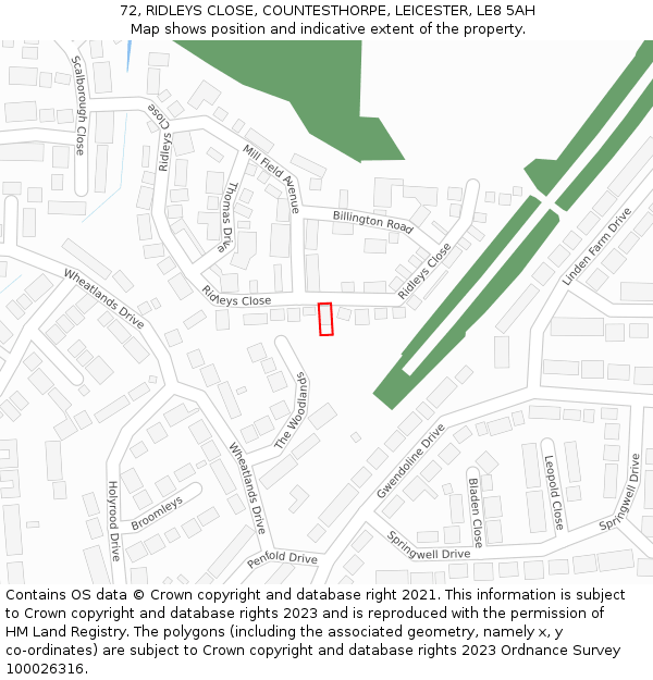72, RIDLEYS CLOSE, COUNTESTHORPE, LEICESTER, LE8 5AH: Location map and indicative extent of plot