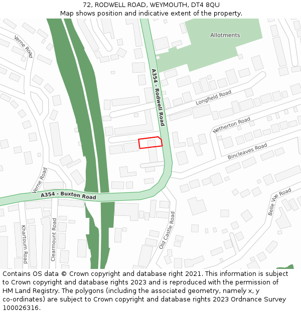 72, RODWELL ROAD, WEYMOUTH, DT4 8QU: Location map and indicative extent of plot