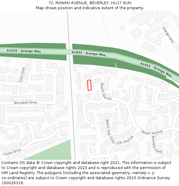 72, ROWAN AVENUE, BEVERLEY, HU17 9UN: Location map and indicative extent of plot