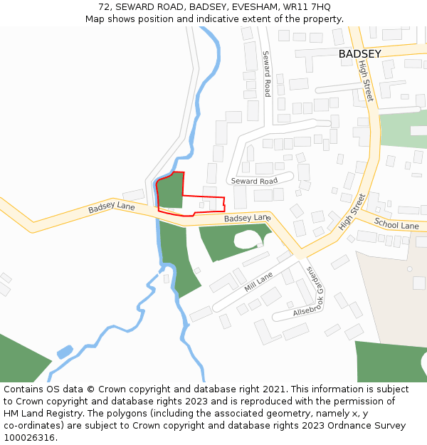 72, SEWARD ROAD, BADSEY, EVESHAM, WR11 7HQ: Location map and indicative extent of plot