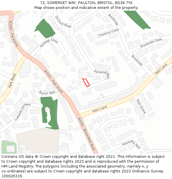 72, SOMERSET WAY, PAULTON, BRISTOL, BS39 7YX: Location map and indicative extent of plot