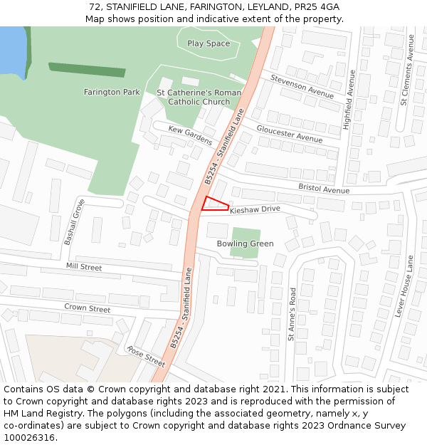 72, STANIFIELD LANE, FARINGTON, LEYLAND, PR25 4GA: Location map and indicative extent of plot