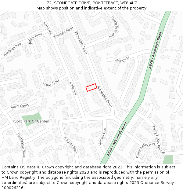 72, STONEGATE DRIVE, PONTEFRACT, WF8 4LZ: Location map and indicative extent of plot