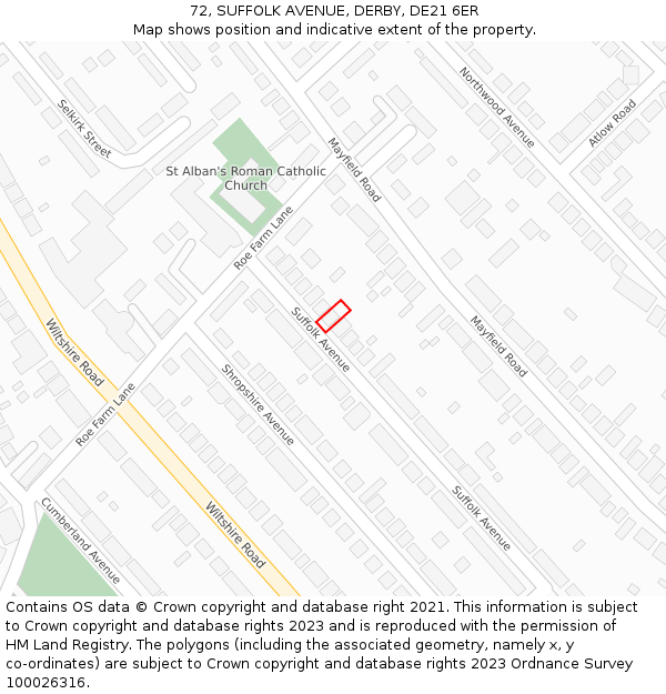 72, SUFFOLK AVENUE, DERBY, DE21 6ER: Location map and indicative extent of plot