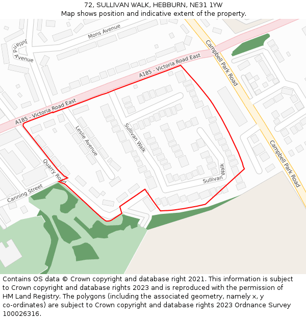 72, SULLIVAN WALK, HEBBURN, NE31 1YW: Location map and indicative extent of plot