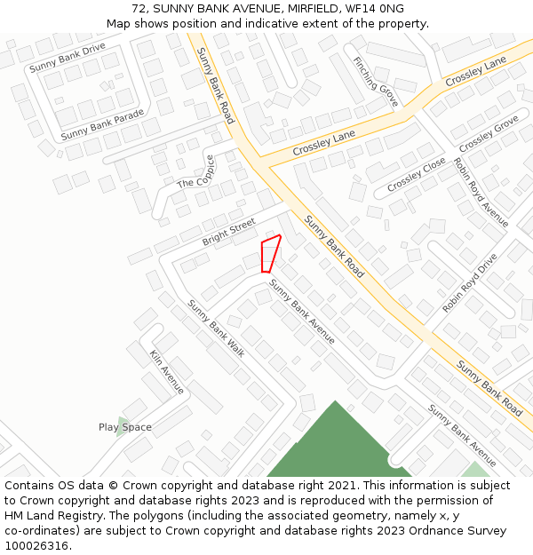 72, SUNNY BANK AVENUE, MIRFIELD, WF14 0NG: Location map and indicative extent of plot