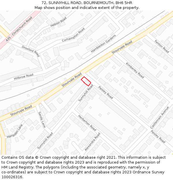 72, SUNNYHILL ROAD, BOURNEMOUTH, BH6 5HR: Location map and indicative extent of plot