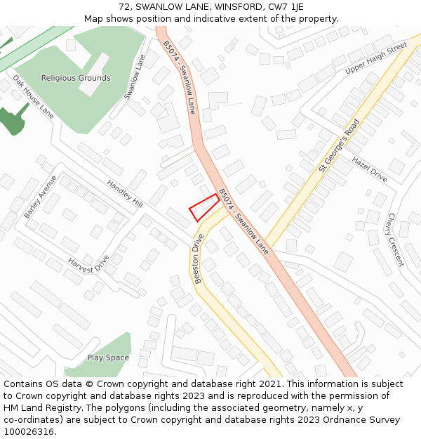 72, SWANLOW LANE, WINSFORD, CW7 1JE: Location map and indicative extent of plot