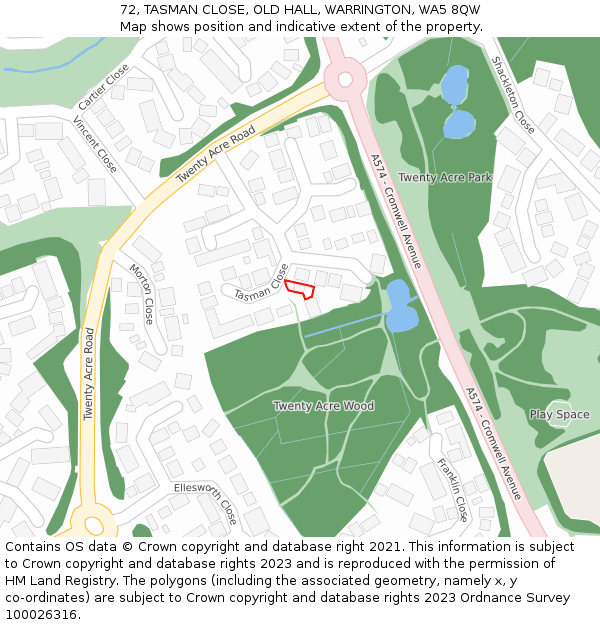 72, TASMAN CLOSE, OLD HALL, WARRINGTON, WA5 8QW: Location map and indicative extent of plot