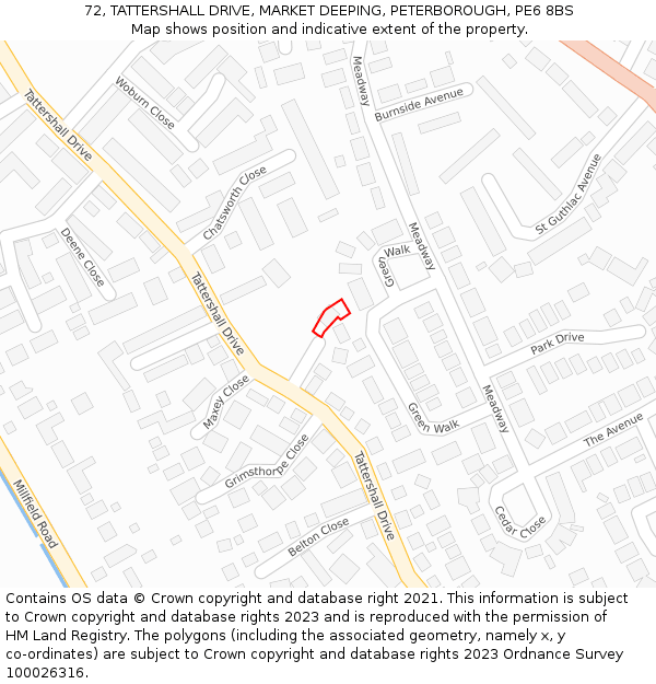 72, TATTERSHALL DRIVE, MARKET DEEPING, PETERBOROUGH, PE6 8BS: Location map and indicative extent of plot