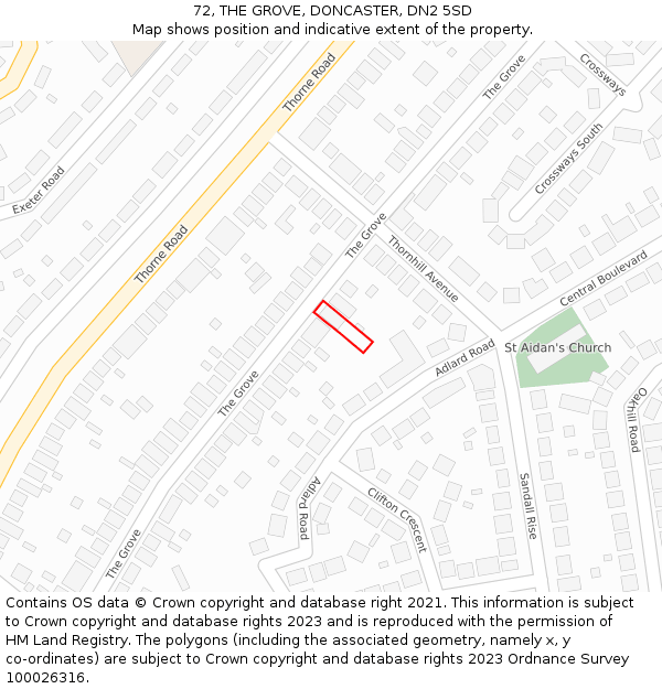 72, THE GROVE, DONCASTER, DN2 5SD: Location map and indicative extent of plot