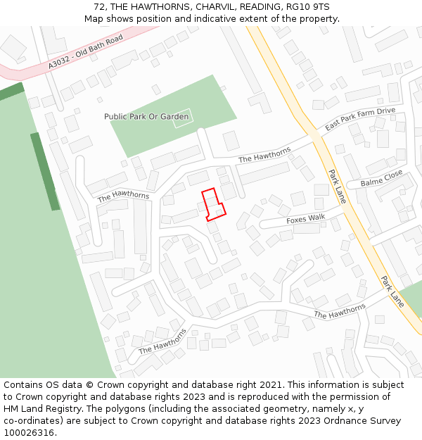72, THE HAWTHORNS, CHARVIL, READING, RG10 9TS: Location map and indicative extent of plot