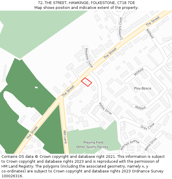 72, THE STREET, HAWKINGE, FOLKESTONE, CT18 7DE: Location map and indicative extent of plot