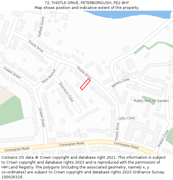 72, THISTLE DRIVE, PETERBOROUGH, PE2 8HY: Location map and indicative extent of plot