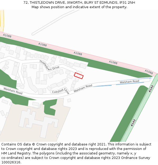 72, THISTLEDOWN DRIVE, IXWORTH, BURY ST EDMUNDS, IP31 2NH: Location map and indicative extent of plot