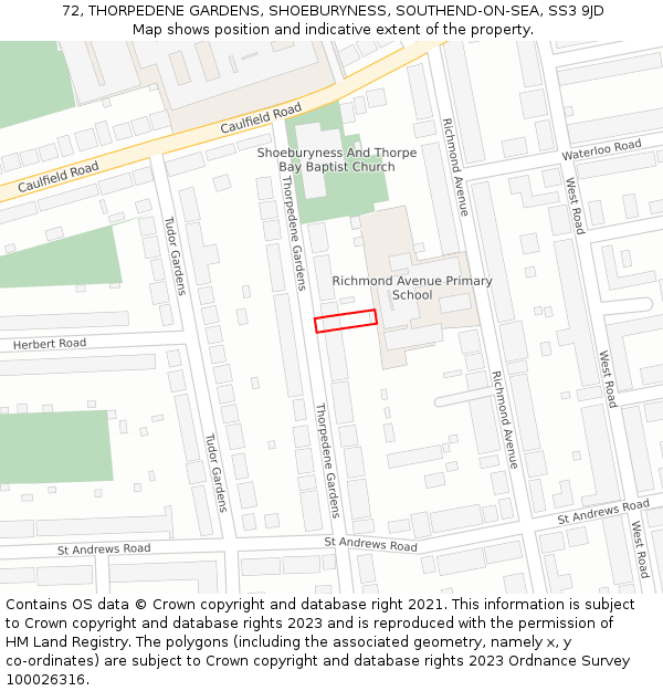 72, THORPEDENE GARDENS, SHOEBURYNESS, SOUTHEND-ON-SEA, SS3 9JD: Location map and indicative extent of plot