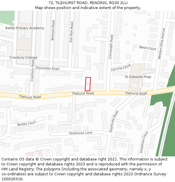 72, TILEHURST ROAD, READING, RG30 2LU: Location map and indicative extent of plot