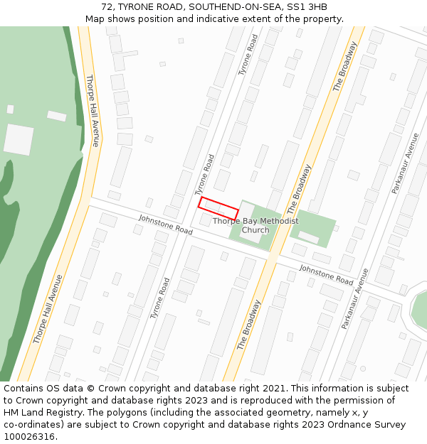 72, TYRONE ROAD, SOUTHEND-ON-SEA, SS1 3HB: Location map and indicative extent of plot