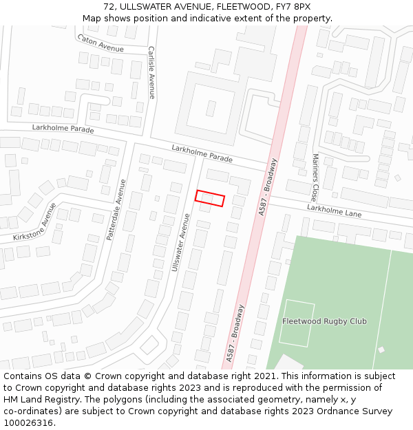 72, ULLSWATER AVENUE, FLEETWOOD, FY7 8PX: Location map and indicative extent of plot