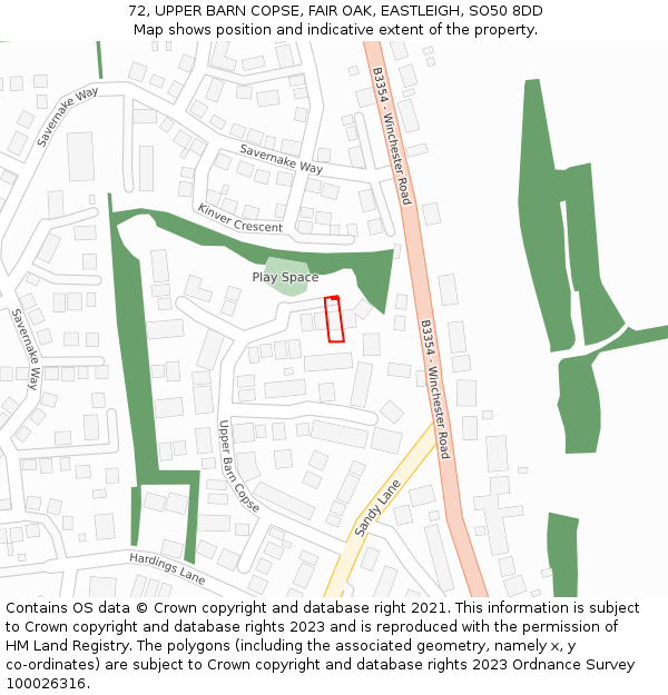 72, UPPER BARN COPSE, FAIR OAK, EASTLEIGH, SO50 8DD: Location map and indicative extent of plot