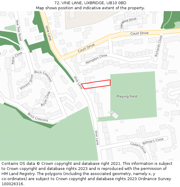 72, VINE LANE, UXBRIDGE, UB10 0BD: Location map and indicative extent of plot