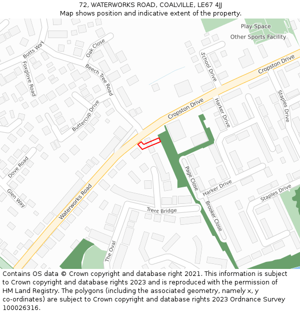 72, WATERWORKS ROAD, COALVILLE, LE67 4JJ: Location map and indicative extent of plot