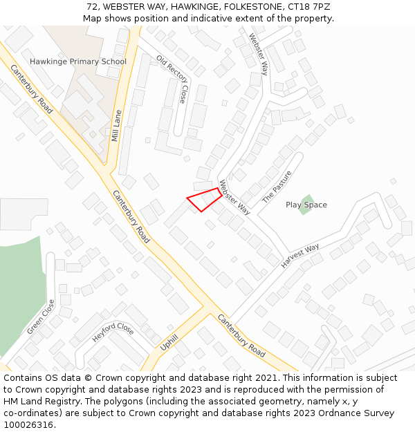 72, WEBSTER WAY, HAWKINGE, FOLKESTONE, CT18 7PZ: Location map and indicative extent of plot