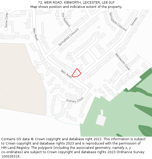 72, WEIR ROAD, KIBWORTH, LEICESTER, LE8 0LP: Location map and indicative extent of plot