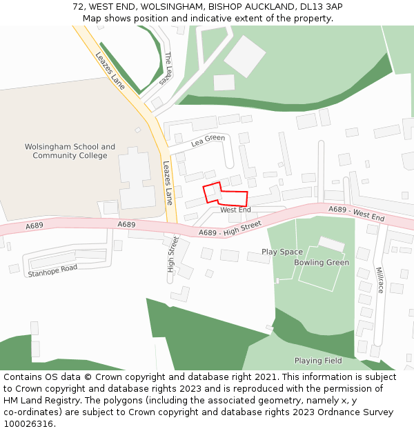 72, WEST END, WOLSINGHAM, BISHOP AUCKLAND, DL13 3AP: Location map and indicative extent of plot