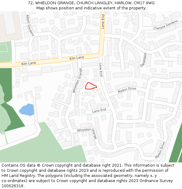 72, WHIELDON GRANGE, CHURCH LANGLEY, HARLOW, CM17 9WG: Location map and indicative extent of plot