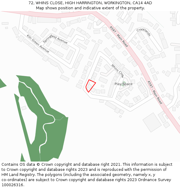 72, WHINS CLOSE, HIGH HARRINGTON, WORKINGTON, CA14 4AD: Location map and indicative extent of plot