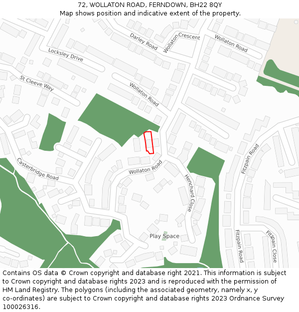 72, WOLLATON ROAD, FERNDOWN, BH22 8QY: Location map and indicative extent of plot