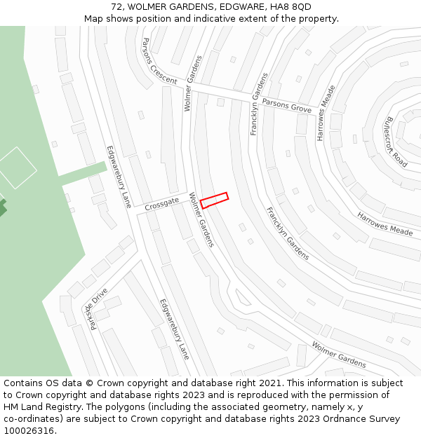 72, WOLMER GARDENS, EDGWARE, HA8 8QD: Location map and indicative extent of plot