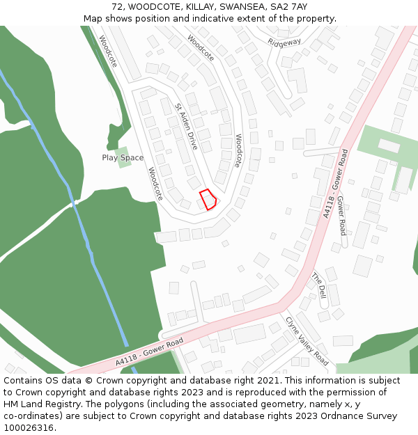 72, WOODCOTE, KILLAY, SWANSEA, SA2 7AY: Location map and indicative extent of plot