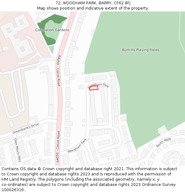 72, WOODHAM PARK, BARRY, CF62 8FJ: Location map and indicative extent of plot