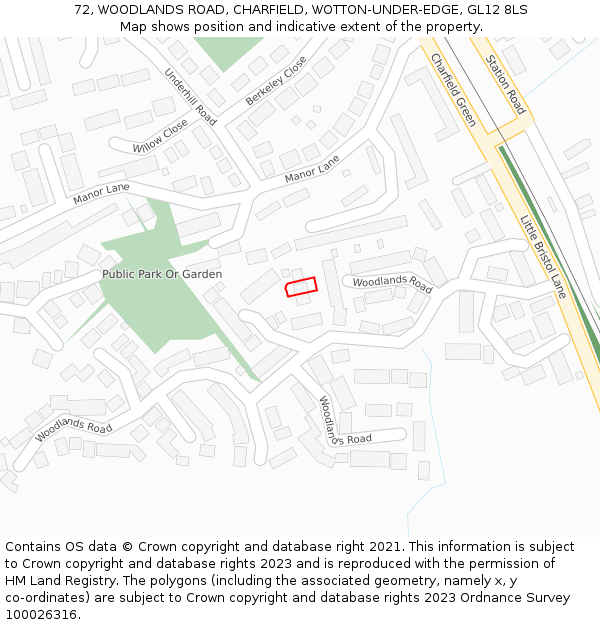 72, WOODLANDS ROAD, CHARFIELD, WOTTON-UNDER-EDGE, GL12 8LS: Location map and indicative extent of plot