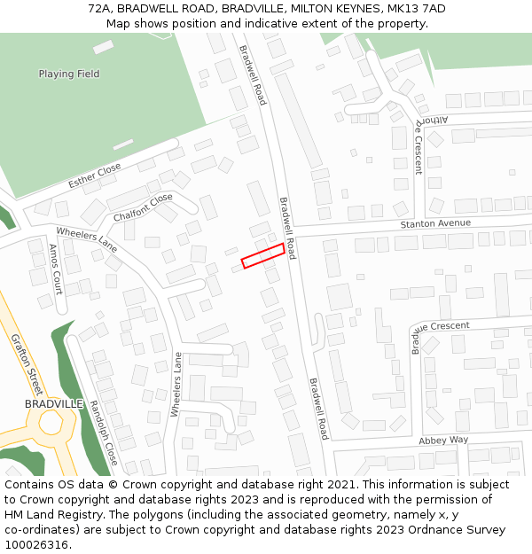 72A, BRADWELL ROAD, BRADVILLE, MILTON KEYNES, MK13 7AD: Location map and indicative extent of plot