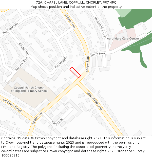 72A, CHAPEL LANE, COPPULL, CHORLEY, PR7 4PQ: Location map and indicative extent of plot