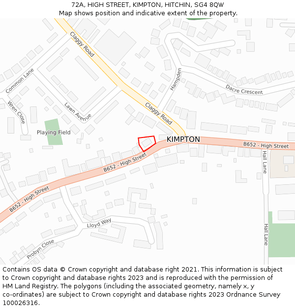 72A, HIGH STREET, KIMPTON, HITCHIN, SG4 8QW: Location map and indicative extent of plot