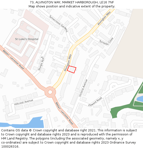 73, ALVINGTON WAY, MARKET HARBOROUGH, LE16 7NF: Location map and indicative extent of plot
