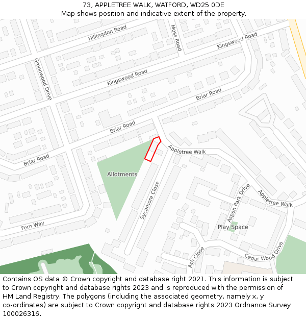 73, APPLETREE WALK, WATFORD, WD25 0DE: Location map and indicative extent of plot