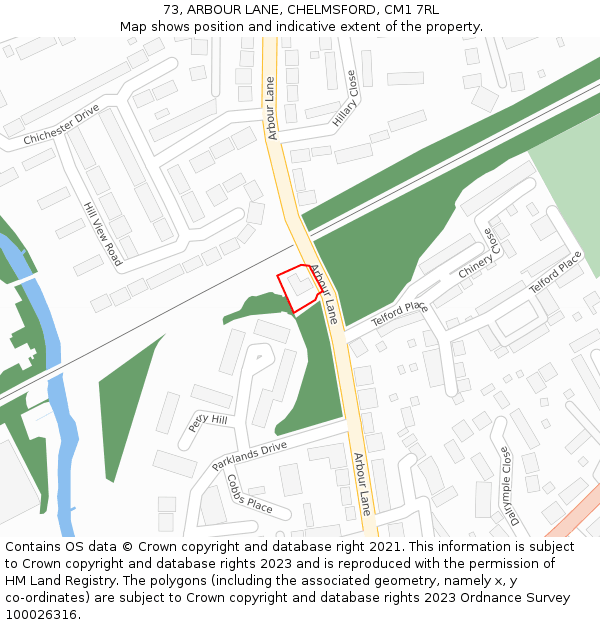 73, ARBOUR LANE, CHELMSFORD, CM1 7RL: Location map and indicative extent of plot