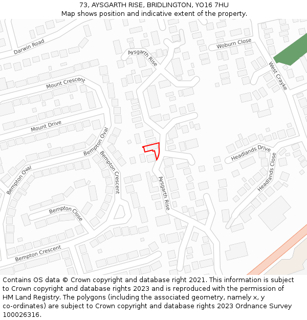 73, AYSGARTH RISE, BRIDLINGTON, YO16 7HU: Location map and indicative extent of plot