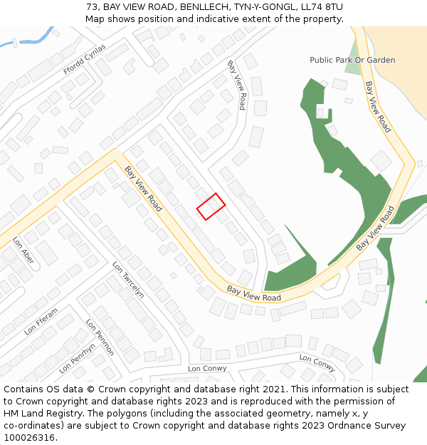 73, BAY VIEW ROAD, BENLLECH, TYN-Y-GONGL, LL74 8TU: Location map and indicative extent of plot