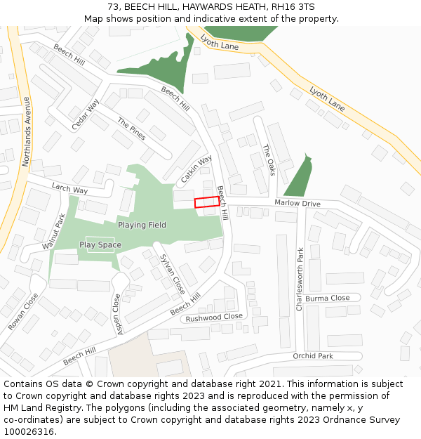 73, BEECH HILL, HAYWARDS HEATH, RH16 3TS: Location map and indicative extent of plot