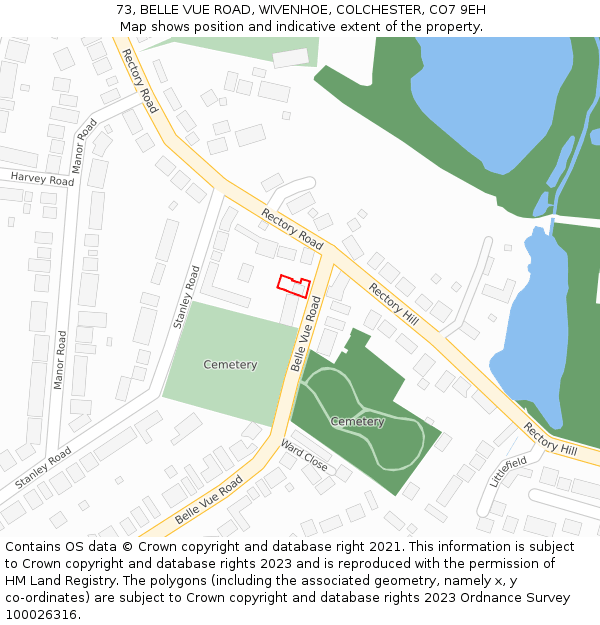 73, BELLE VUE ROAD, WIVENHOE, COLCHESTER, CO7 9EH: Location map and indicative extent of plot