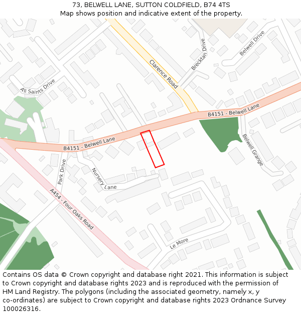 73, BELWELL LANE, SUTTON COLDFIELD, B74 4TS: Location map and indicative extent of plot